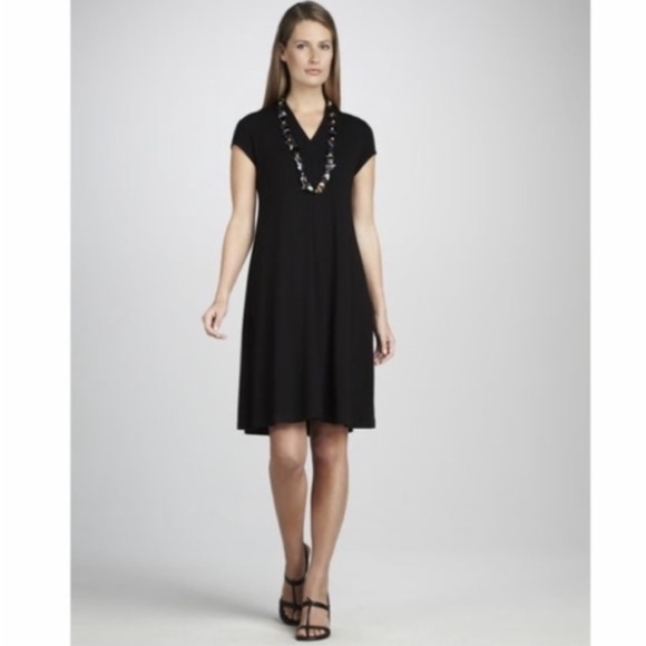 Eileen Fisher Cap Sleeve V-Neck Stretch Jersey Dress - Black - Size XL - Picture 3 of 8